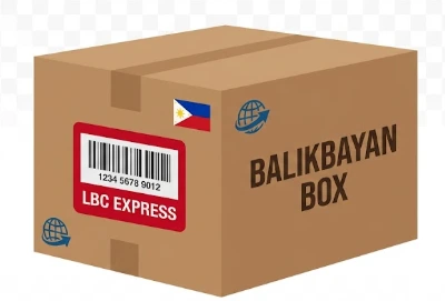 LBC Balikbayan box with red LBC Express shipping label and tracking barcode for international cargo