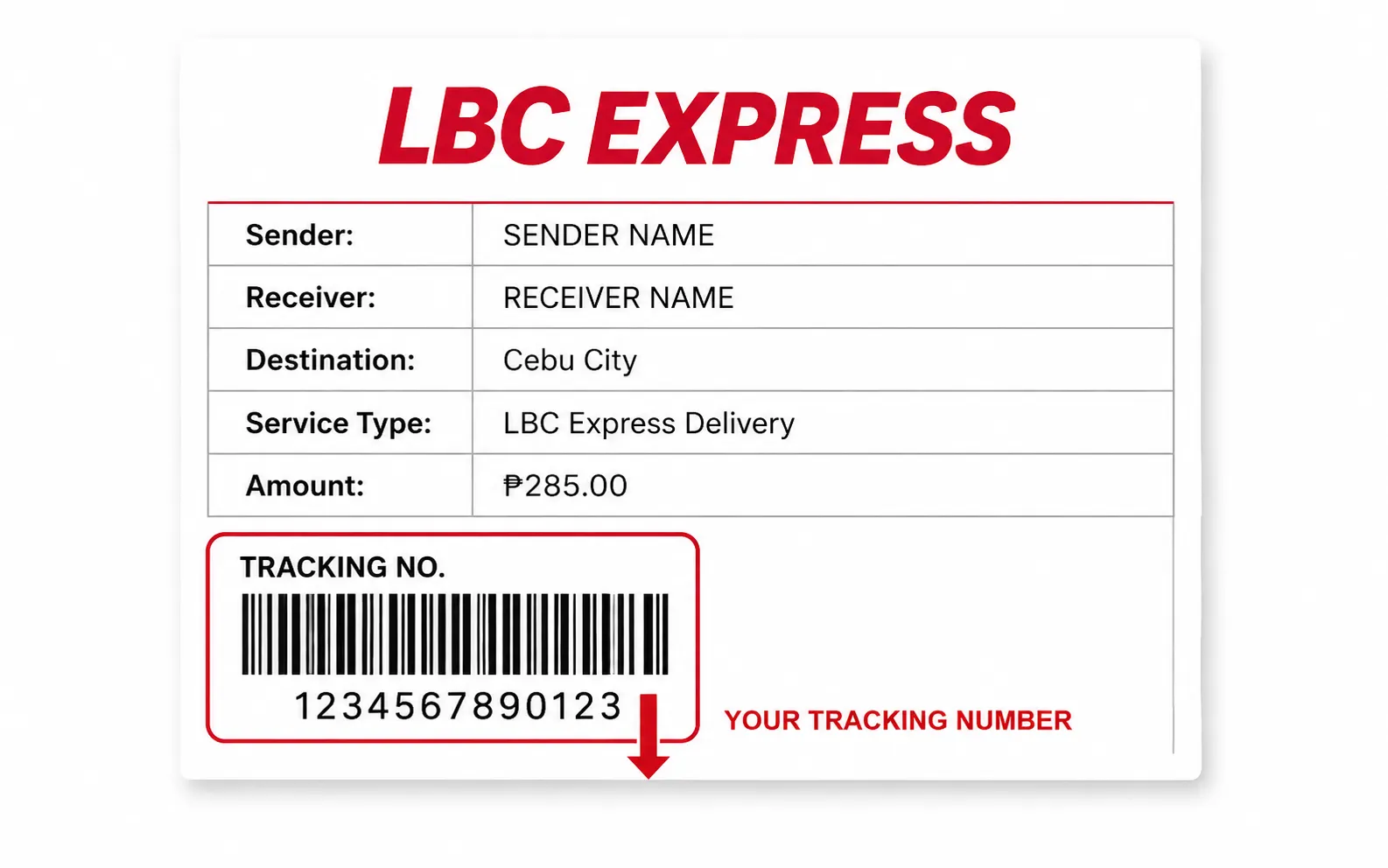 LBC Express receipt showing tracking number location below barcode