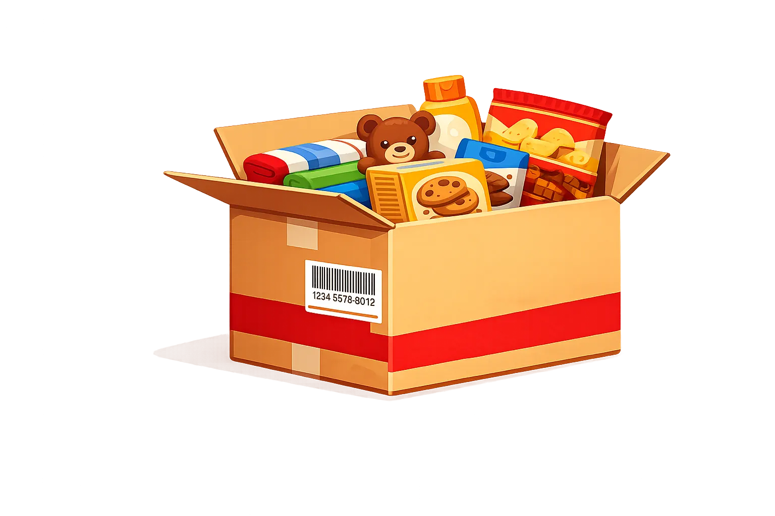 LBC Express balikbayan box illustration with tracking sticker and pasalubong items