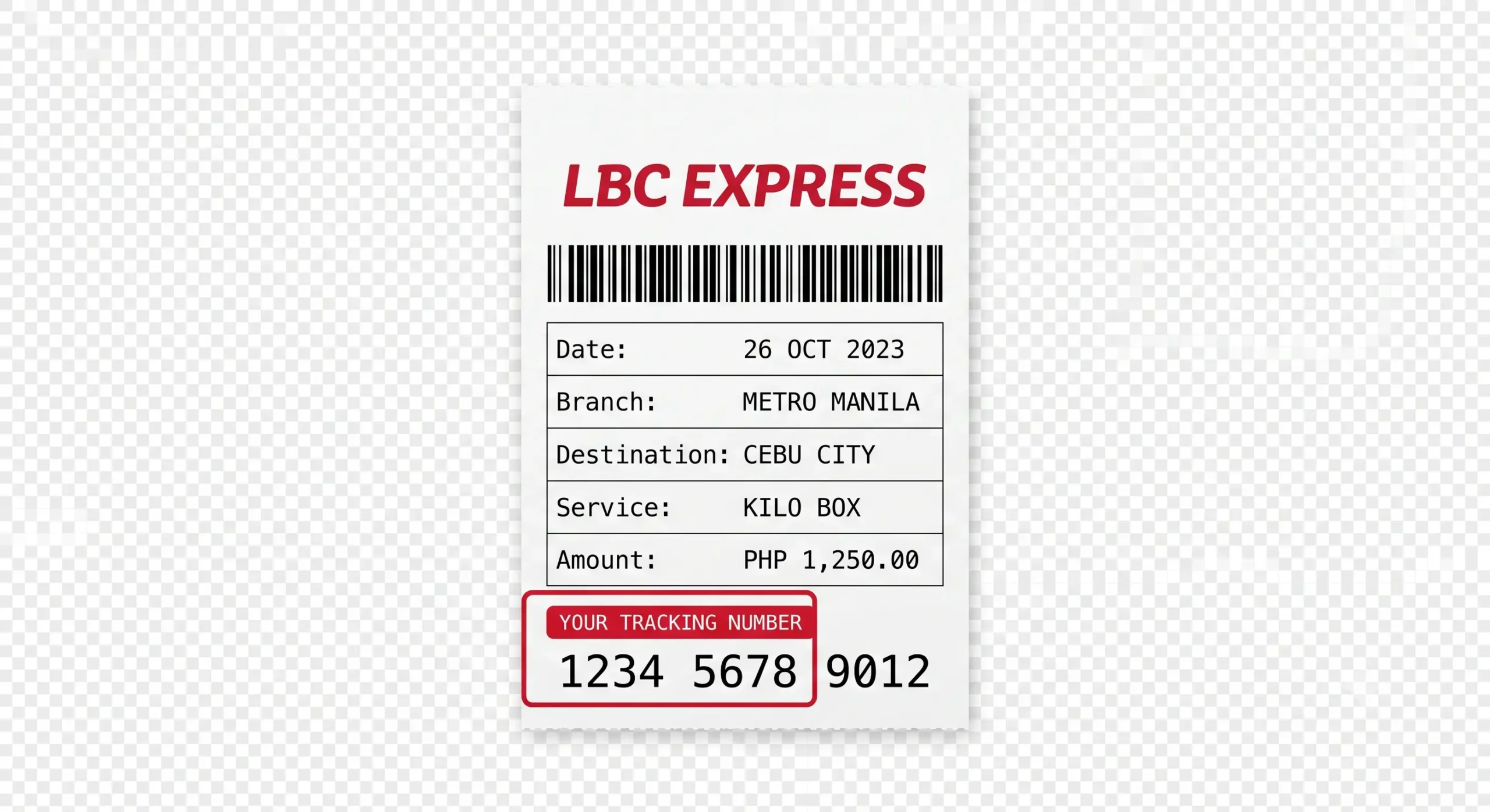 LBC Express official cargo receipt showing tracking number location below barcode