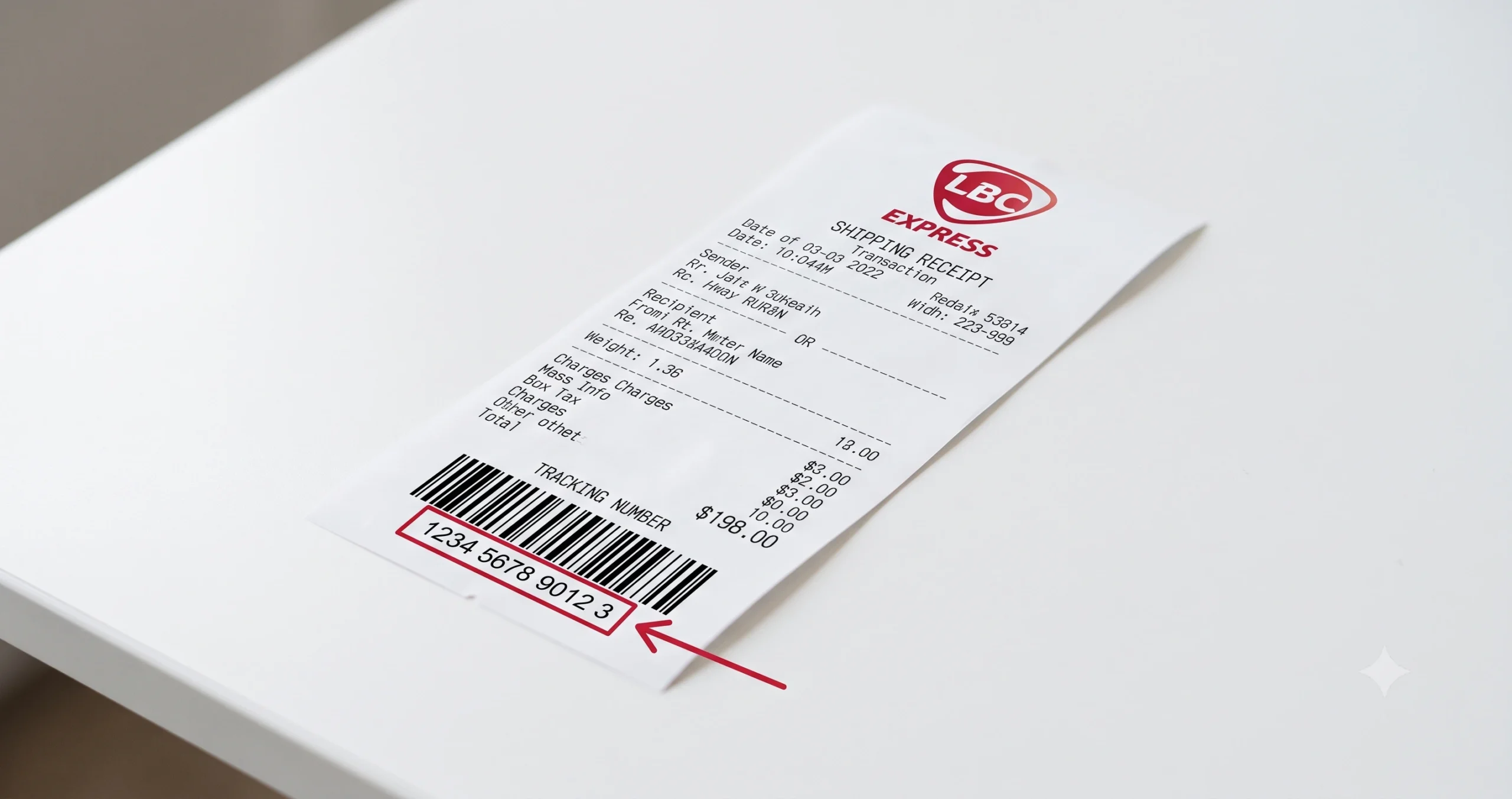 LBC tracking number sample — 13-digit code location on LBC Express receipt below barcode